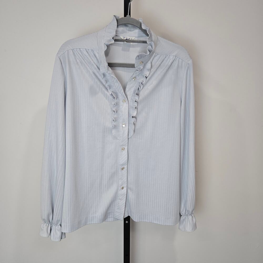 Vintage Mardi Modes Long Sleeve Button Up Ruffle Blouse Top Blue Silky Career 16